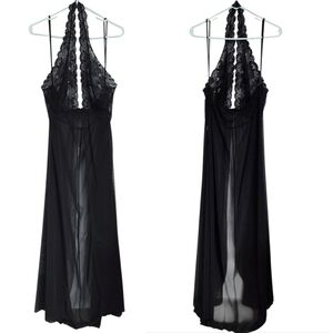 Frederick's of Hollywood Black Lace Sheer Mesh Maxi Babydoll Dress Nightgown 2X